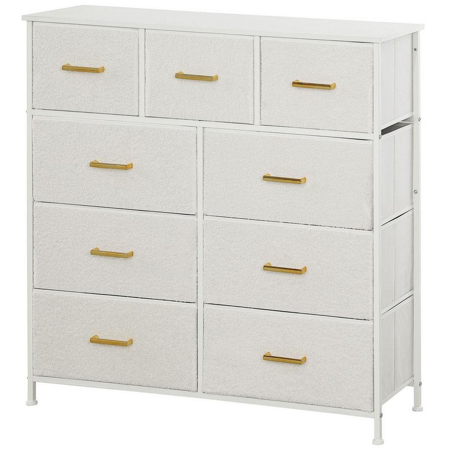 Cassettiera credenza con 9 cassetti in tessuto, cassettiera con piano di lavoro, maniglia, mobiletto contenitore per soggiorno, camera da letto, bianco crema |