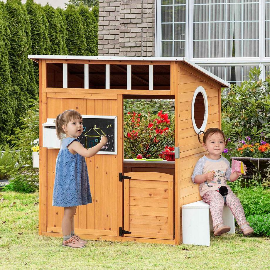 Northio Maisonnette pour enfants Maisonnette en bois pour enfants avec fenêtre, boîte aux lettres, maisonnette de jardin extérieure avec support pour pots de fleurs, maisonnette en bois pour 3 à 8 ans, bois de sapin naturel 122 x 108 x 135,5 cm Aosom  