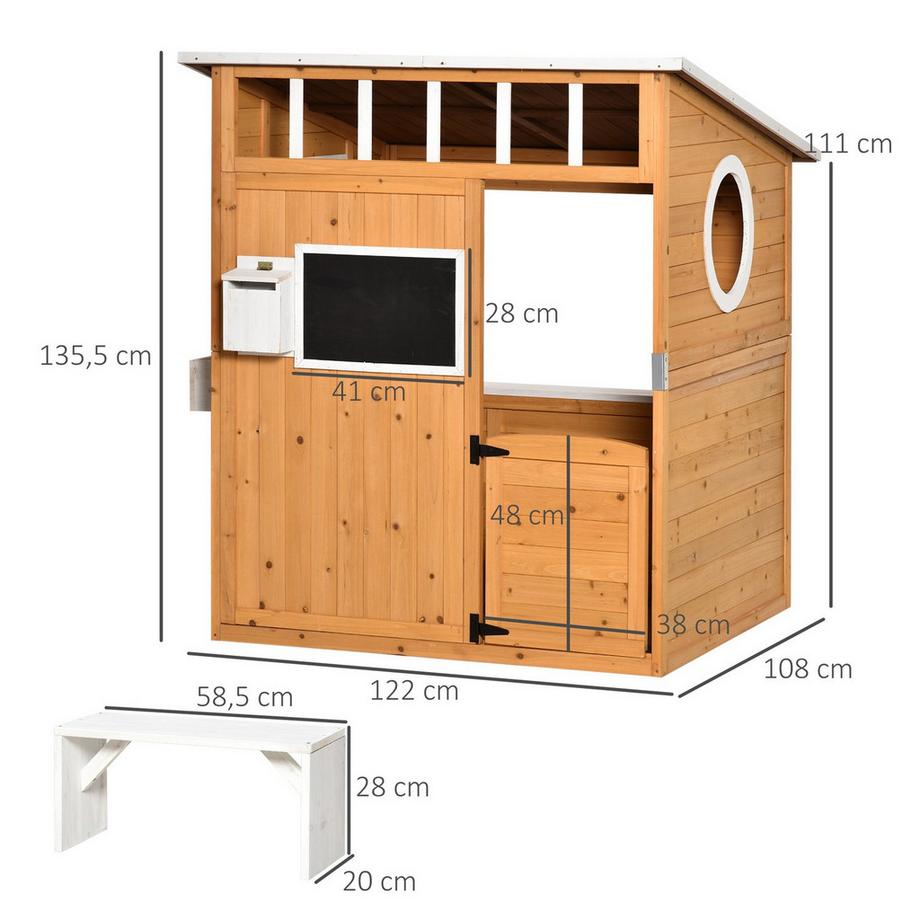 Northio Maisonnette pour enfants Maisonnette en bois pour enfants avec fenêtre, boîte aux lettres, maisonnette de jardin extérieure avec support pour pots de fleurs, maisonnette en bois pour 3 à 8 ans, bois de sapin naturel 122 x 108 x 135,5 cm Aosom  