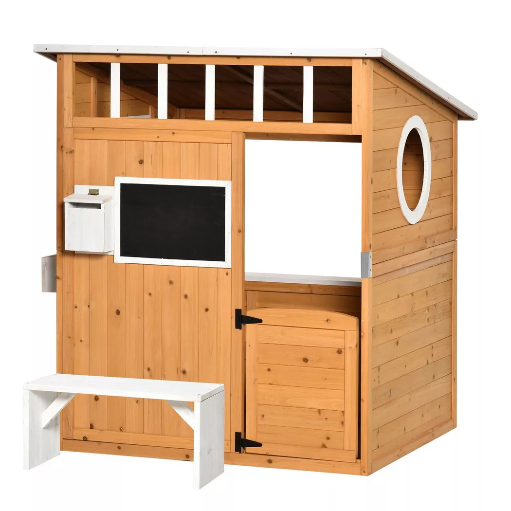 Northio - Casetta per bambini Casetta per bambini in legno con finestra Cassetta postale Casetta per giardino da esterno con portavasi Casetta per bambini in legno per 3-8 anni Legno di abete naturale 122 x 108 x 135,5 cm, 120cm