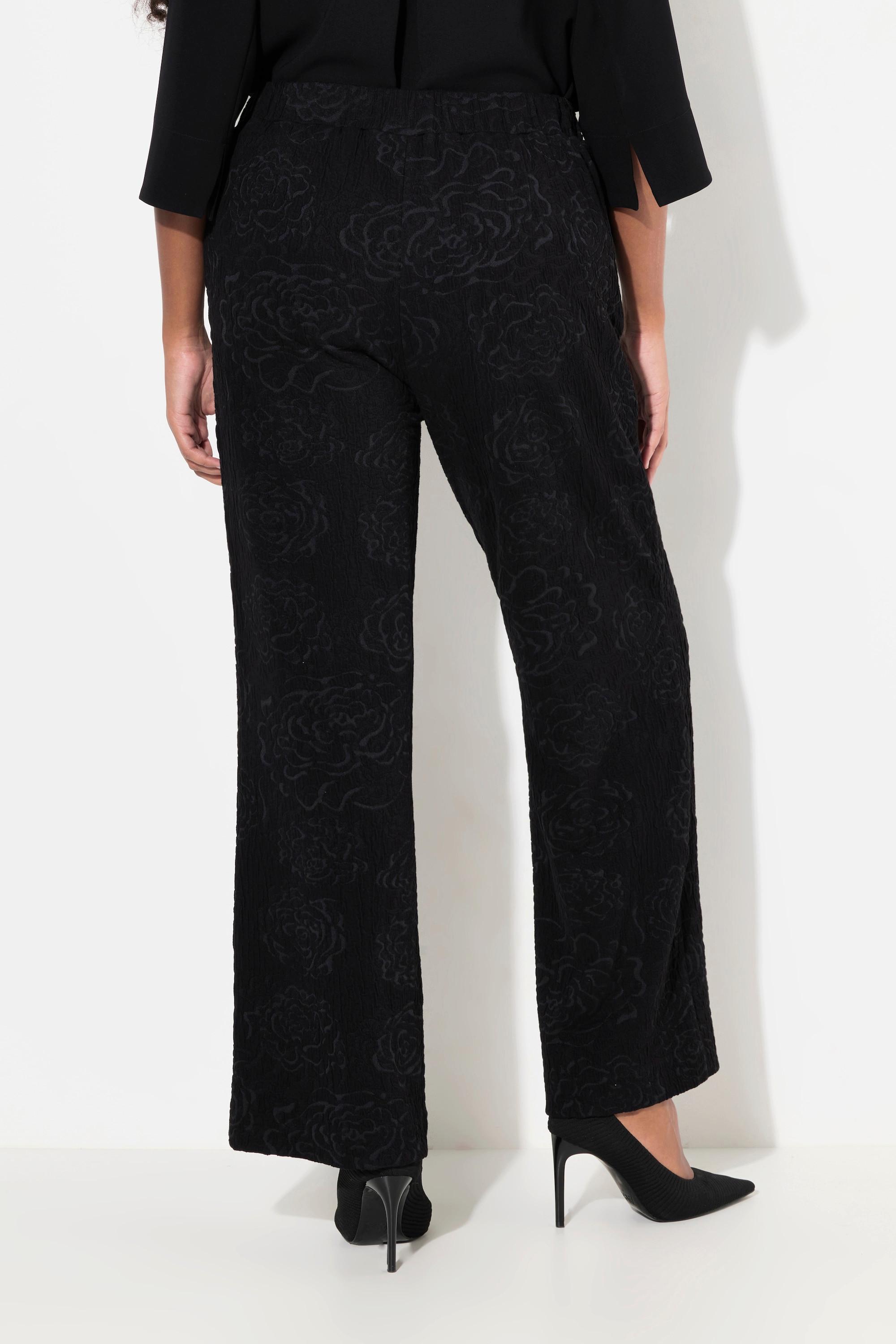 Ulla Popken  Pantalon en jersey, motif Jacquard à fleurs, jambe large et taille élastique 