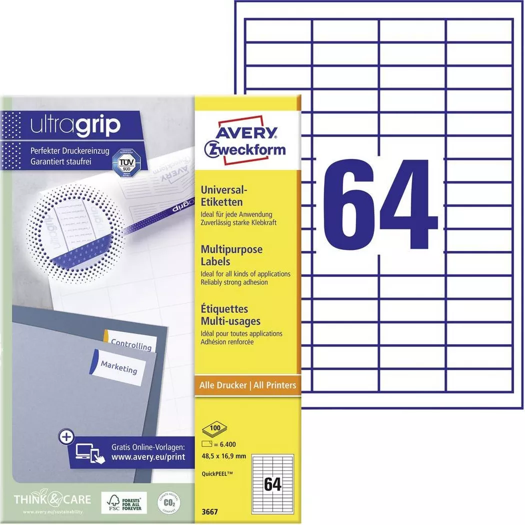 Avery-Zweckform – AVERY ZWECKFORM Universal-Etikett. 48.5×16.9mm, 6400 Stk., One Size, Weiss