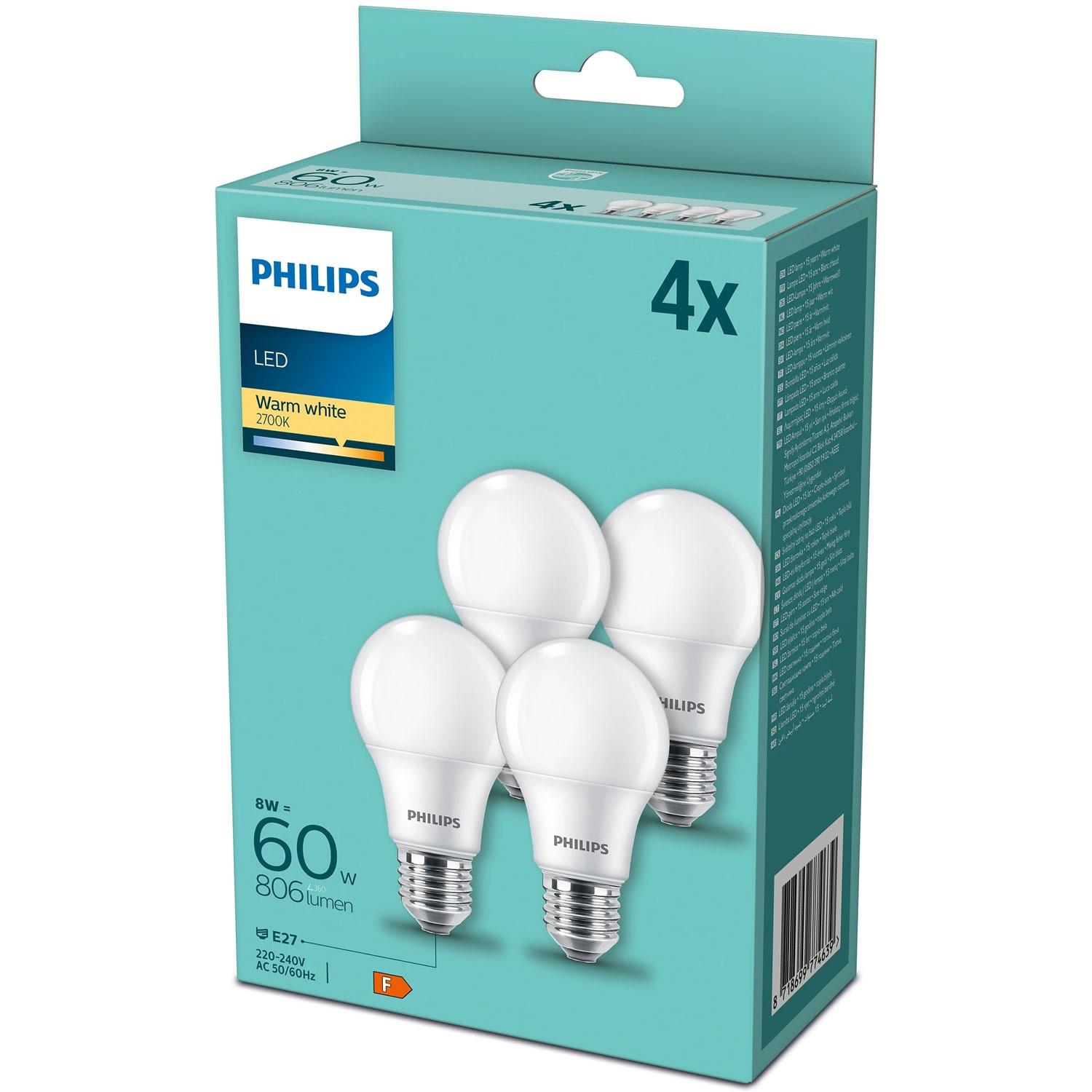 PHILIPS Pack de 4 LED E27 Normal Frost 60W 806lm  