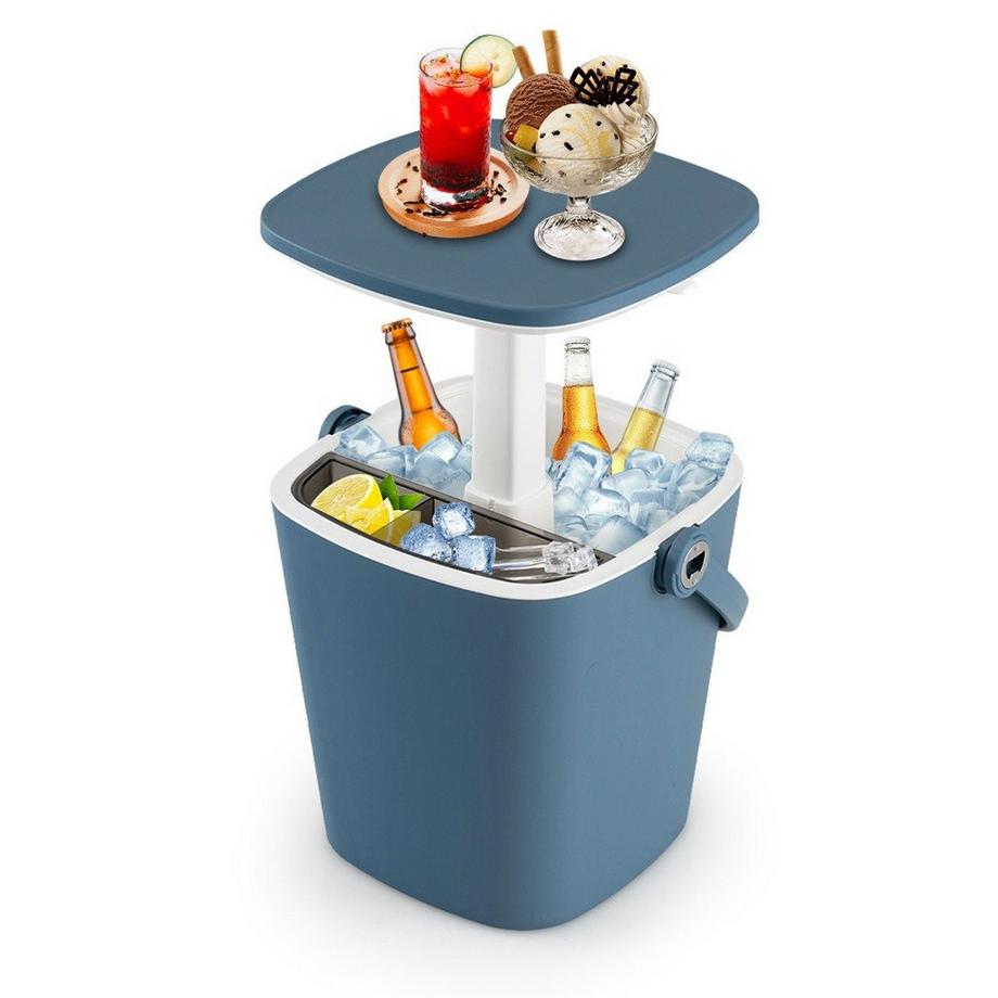 Frigo bar portatile da 15 litri con piano d'appoggio sollevabile e amp; Borsa frigo da tavolino apribottiglie