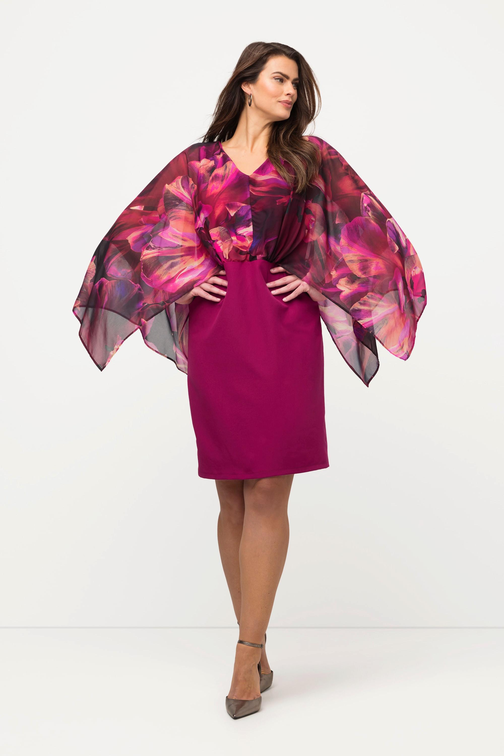 Ulla Popken Abito Fiori Maniche Chiffon Scollo V Maniche Lunghe  