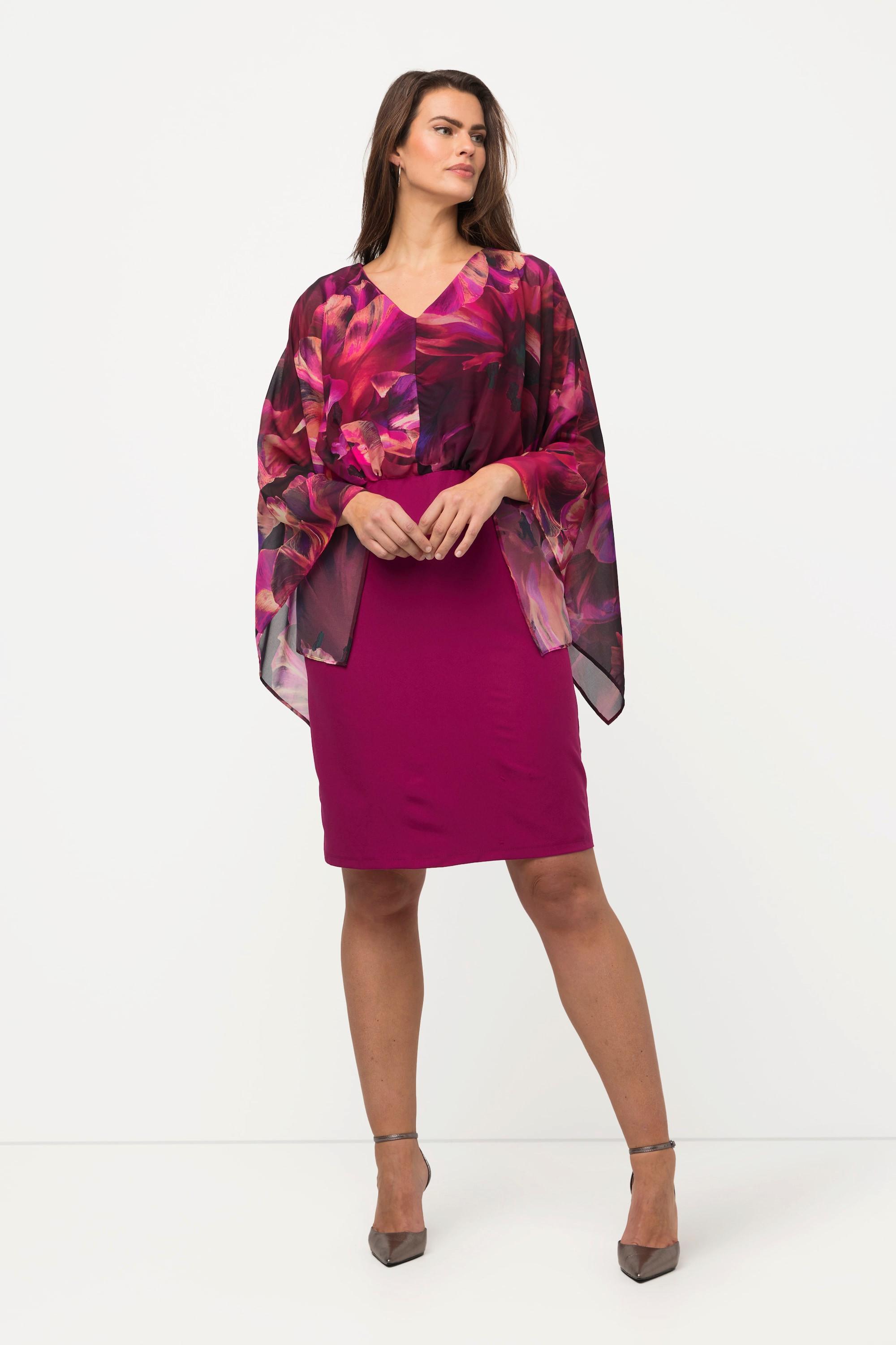 Ulla Popken Abito Fiori Maniche Chiffon Scollo V Maniche Lunghe  