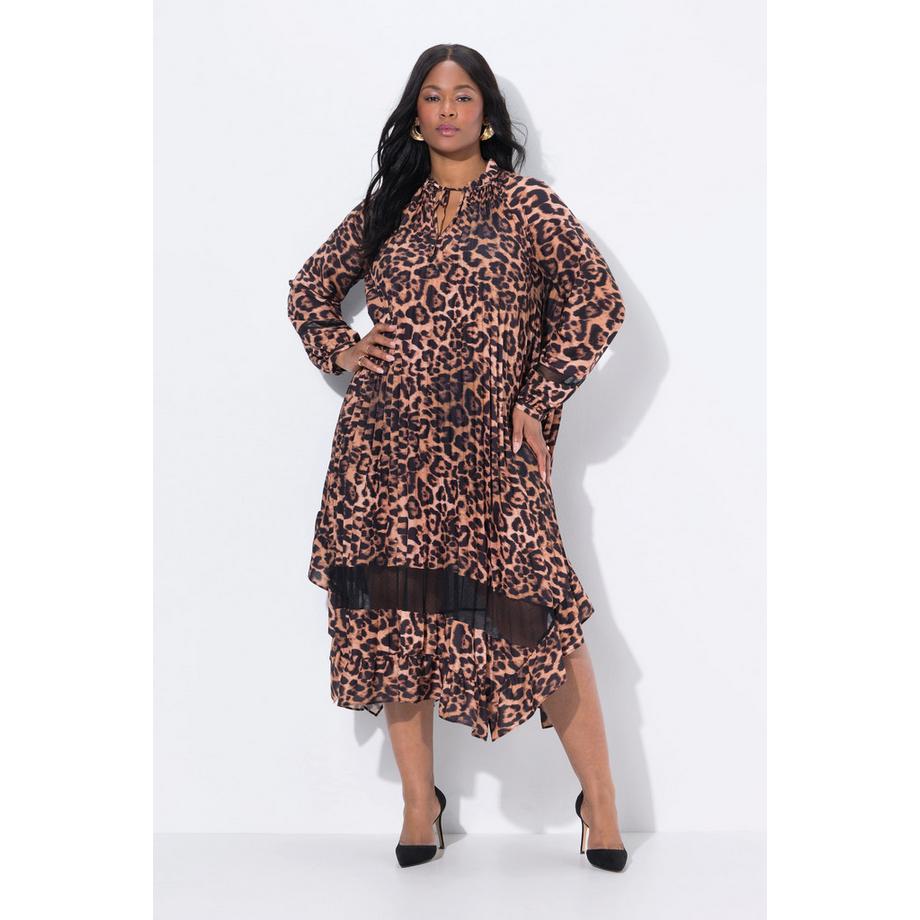 Ulla Popken Plissee Leopard Design Tunika Ausschnitt Langarm Kleid  