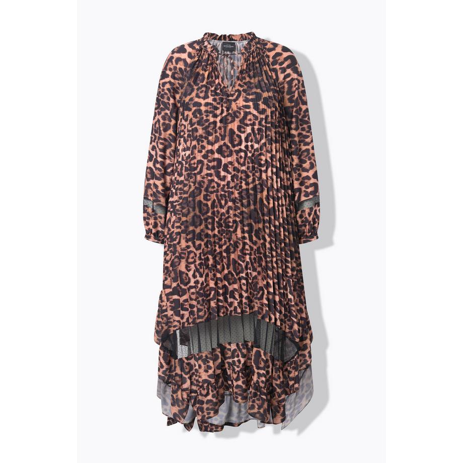 Ulla Popken Plissee Leopard Design Tunika Ausschnitt Langarm Kleid  