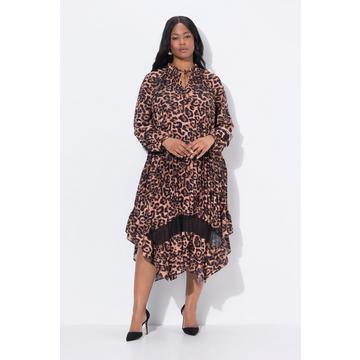 Abito plissettato con design leopardato, scollo a tunica e maniche lunghe