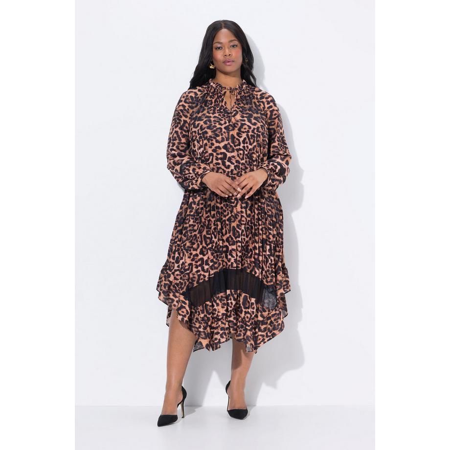 Ulla Popken Plissee Leopard Design Tunika Ausschnitt Langarm Kleid  