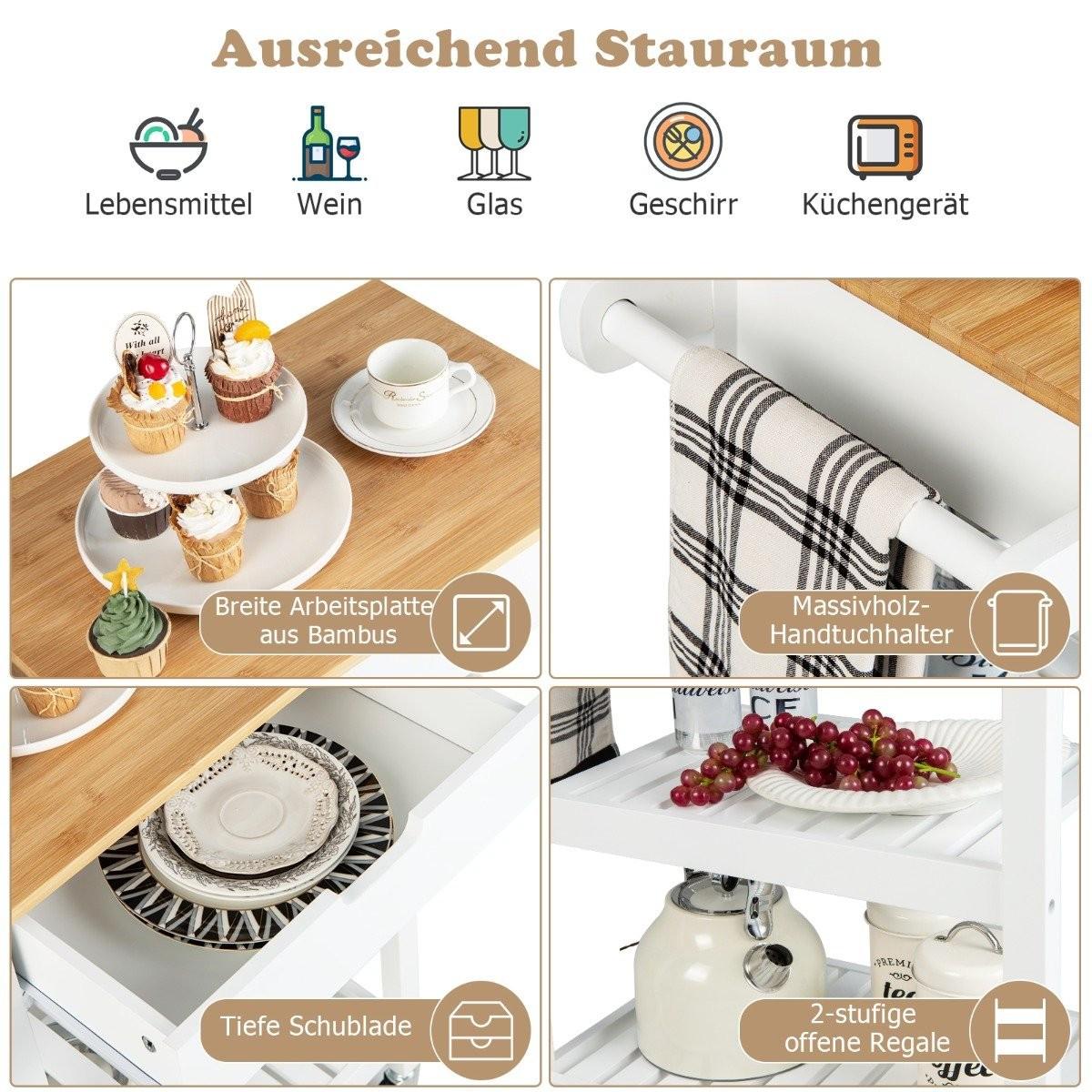 B2X Kücheninsel aus Bambus mit Ausziehbarer Schublade & Seitlichem Schiebegriff Rollbarer Mikrowellenwagen Weiß  