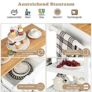 B2X Kücheninsel aus Bambus mit Ausziehbarer Schublade & Seitlichem Schiebegriff Rollbarer Mikrowellenwagen Weiß  