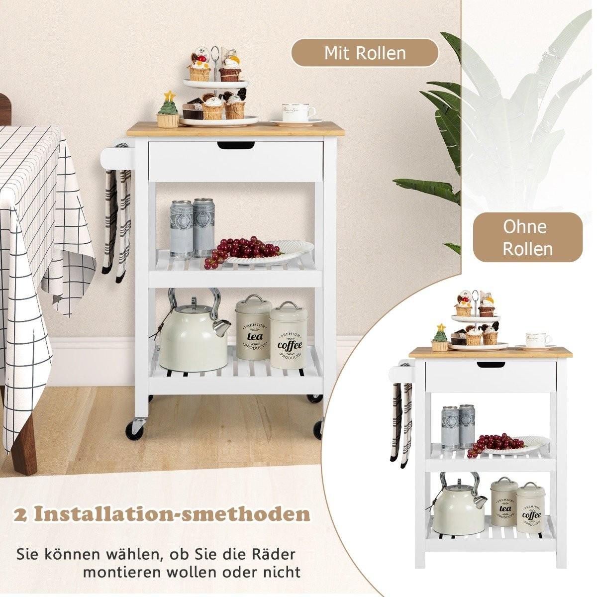 B2X Kücheninsel aus Bambus mit Ausziehbarer Schublade & Seitlichem Schiebegriff Rollbarer Mikrowellenwagen Weiß  