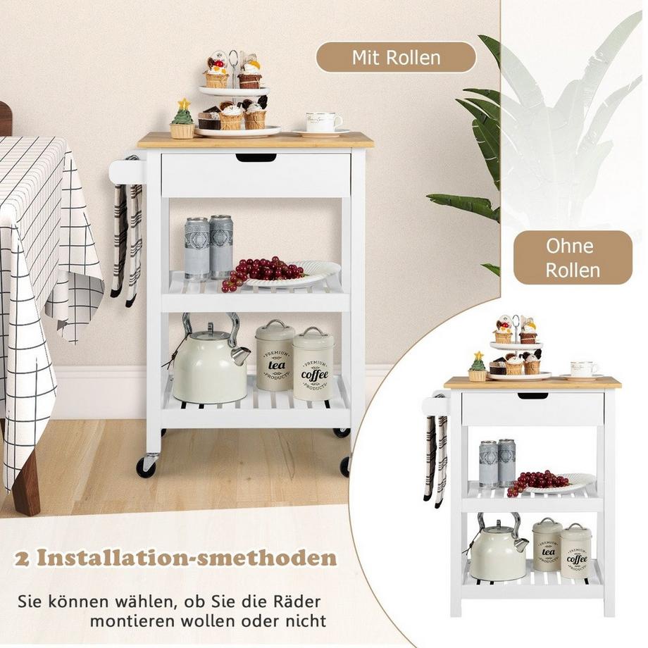 B2X Isola da cucina in bambù con cassetto estraibile e carrello per microonde arrotolabile con maniglia di spinta laterale, bianco  