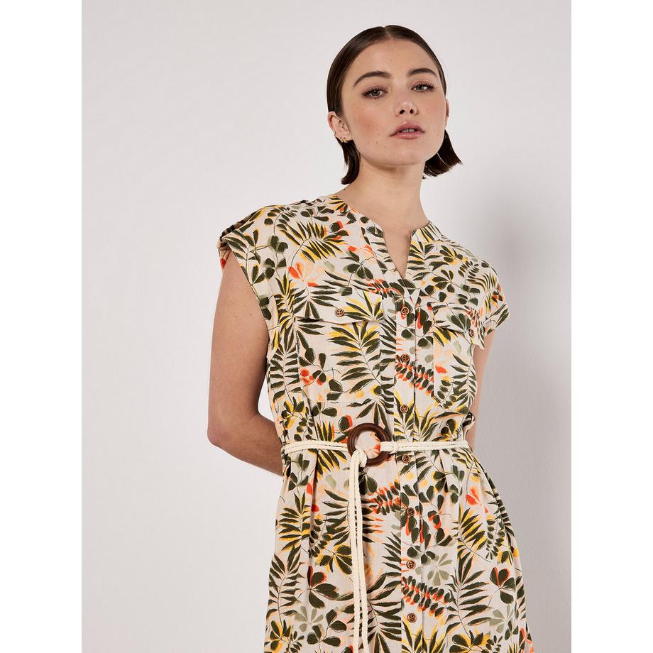 APRICOT Abito Camicia Midi con Cintura Stampa Foglie  