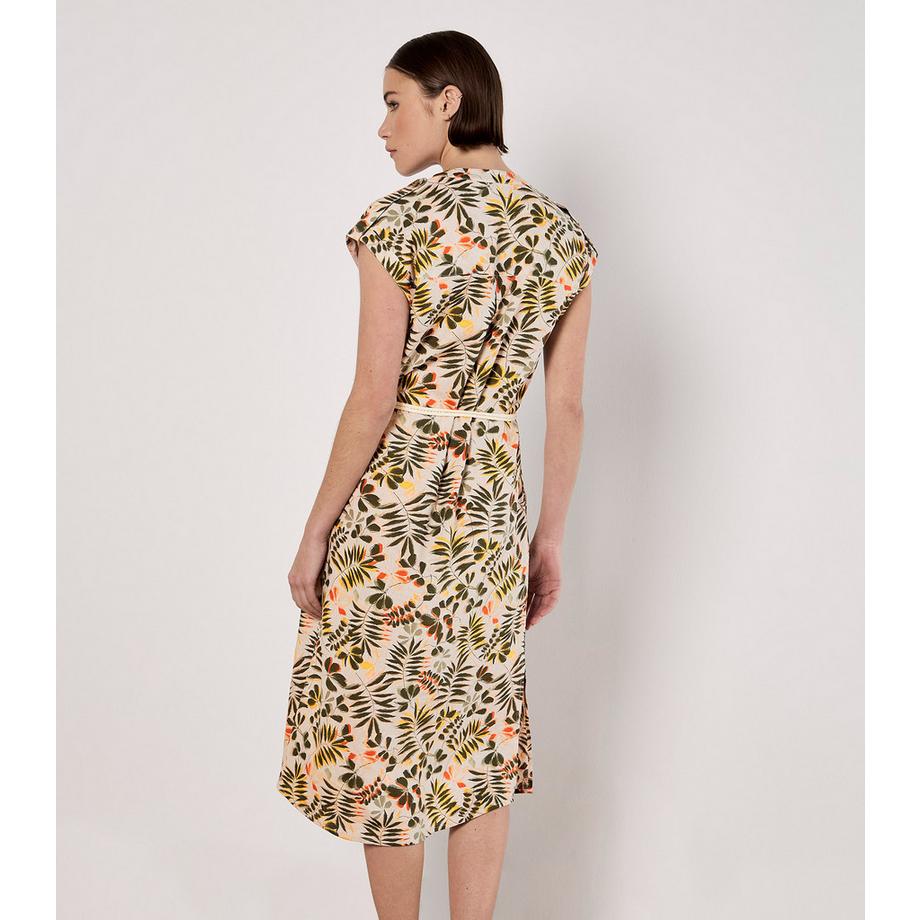 APRICOT Abito Camicia Midi con Cintura Stampa Foglie  
