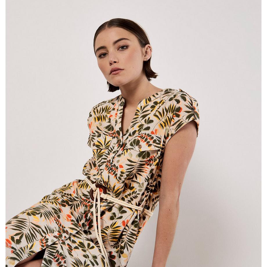 APRICOT Abito Camicia Midi con Cintura Stampa Foglie  