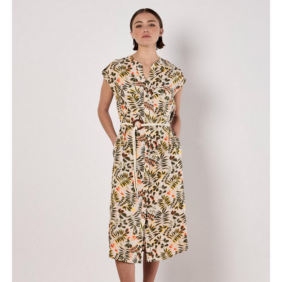Midi-Hemdkleid mit Gürtel und Blätterdruck