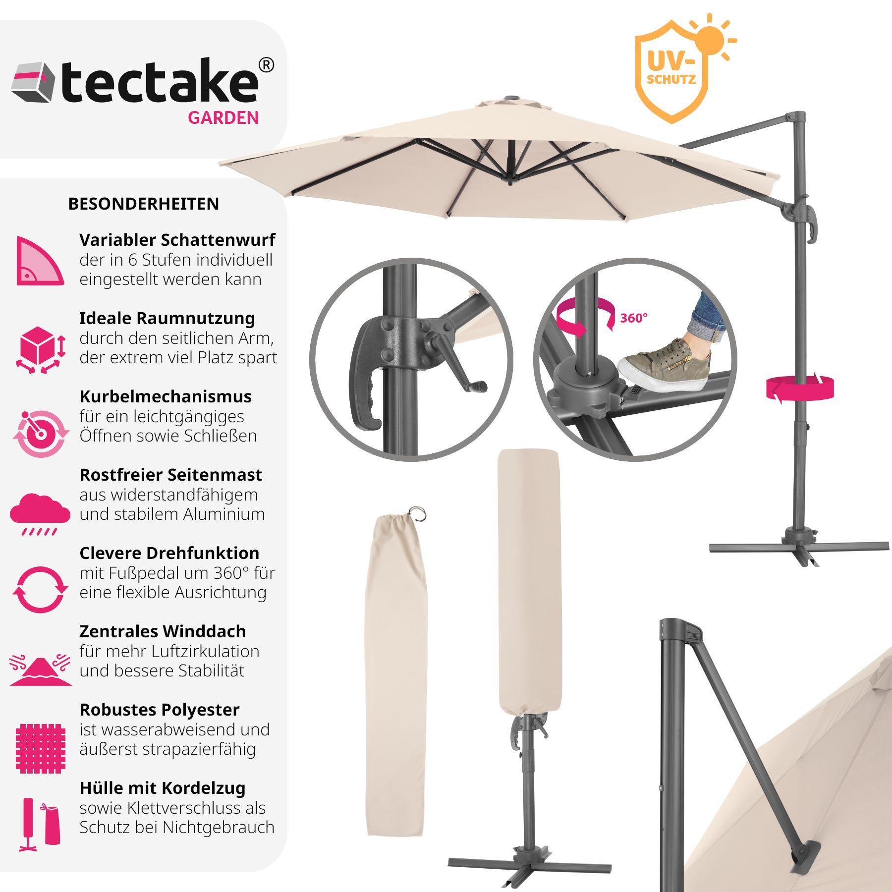 Tectake Parasol DARIA 300 cm avec pied déporté et housse de protection  