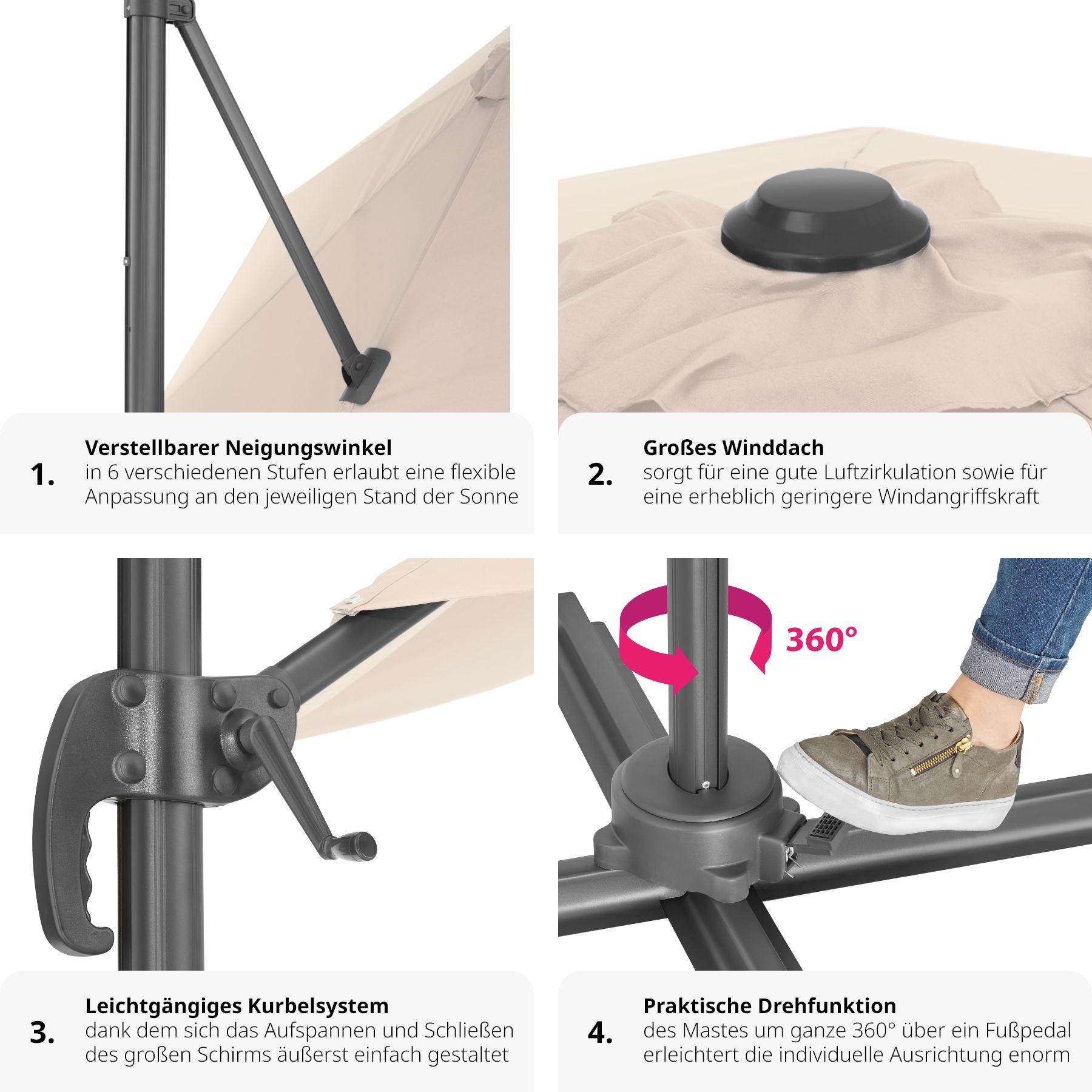 Tectake Parasol DARIA 300 cm avec pied déporté et housse de protection  