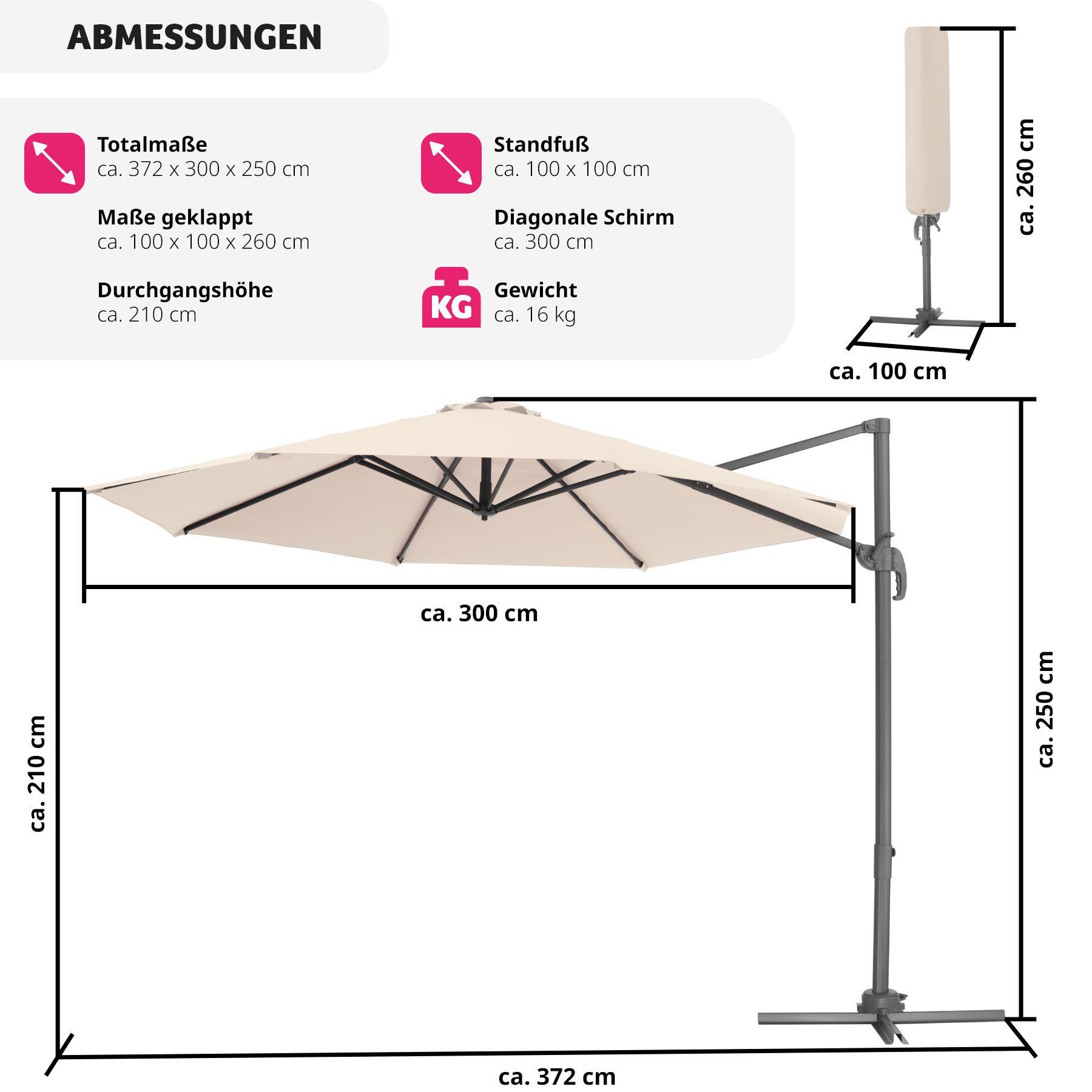 Tectake Parasol DARIA 300 cm avec pied déporté et housse de protection  