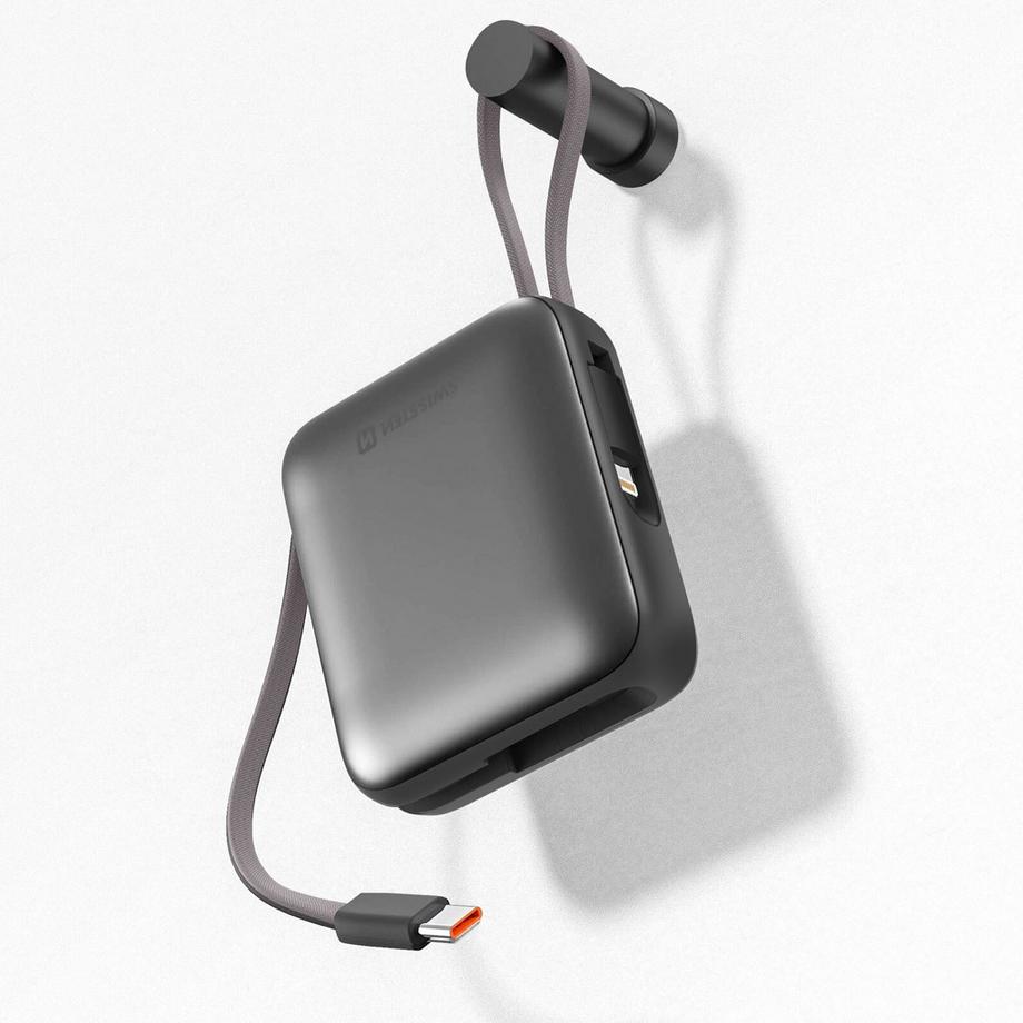 SWISSTEN  Batteria Esterna 10000mAh con Cavi USB-C e Lightning Ultra-Compatta 