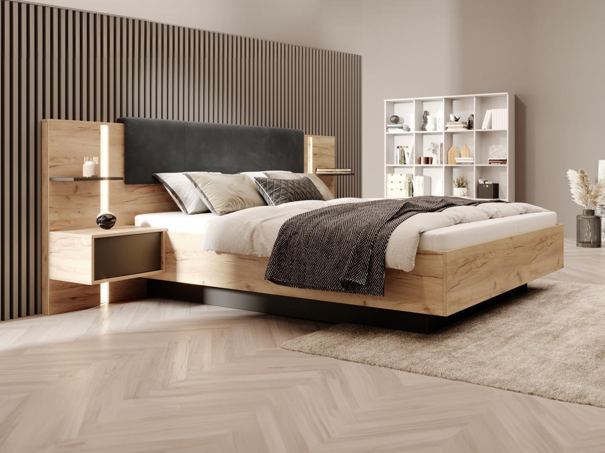 Vente-unique Letto con contenitore con comodini 140 x 190 cm Con LED  Naturale e Antracite + Materasso  - ELYNIA  