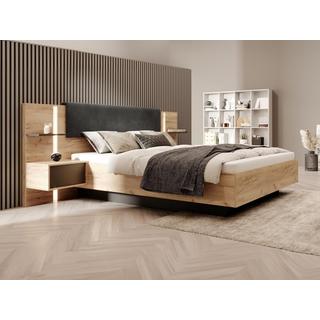 Vente-unique Letto con contenitore con comodini 140 x 190 cm Con LED  Naturale e Antracite + Materasso  - ELYNIA  