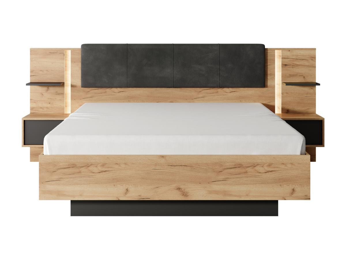 Vente-unique Bett mit Bettkasten mit Nachttischen + Matratze - 140 x 190 cm - Mit LED-Beleuchtung - Holzfarben & Anthrazit - ELYNIA  