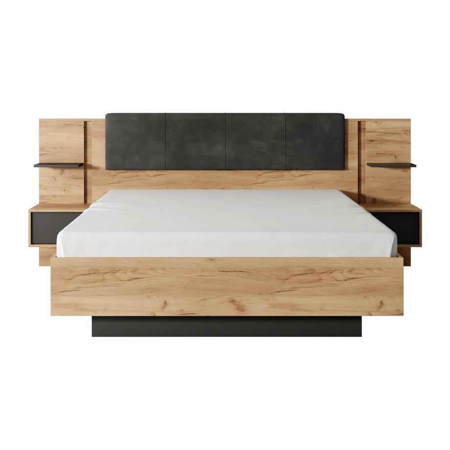 Vente-unique Lit coffre avec chevets 140 x 190 cm - Avec LEDs - Coloris : Naturel et anthracite + Matelas - ELYNIA  