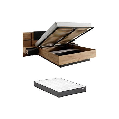 Vente-unique Bett mit Bettkasten mit Nachttischen + Matratze - 140 x 190 cm - Mit LED-Beleuchtung - Holzfarben & Anthrazit - ELYNIA  
