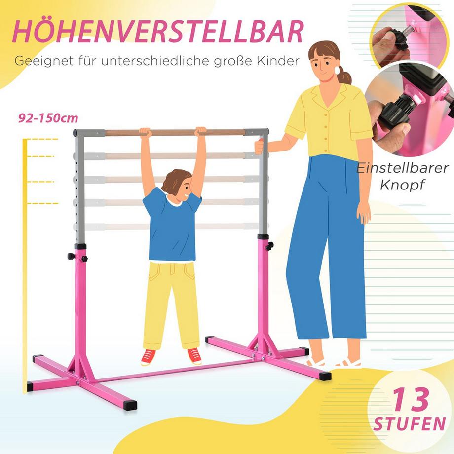 Northio  Barre Fixe De Gymnastique 13 Niveaux Réglable En Hauteur Jusqu'À 75 Kg Système De Charge Équipement D'Entraînement Acier Bois De Hêtre Rose 