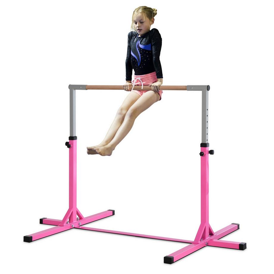 Barre Fixe De Gymnastique 13 Niveaux Réglable En Hauteur Jusqu'À 75 Kg Système De Charge Équipement D'Entraînement Acier Bois De Hêtre Rose