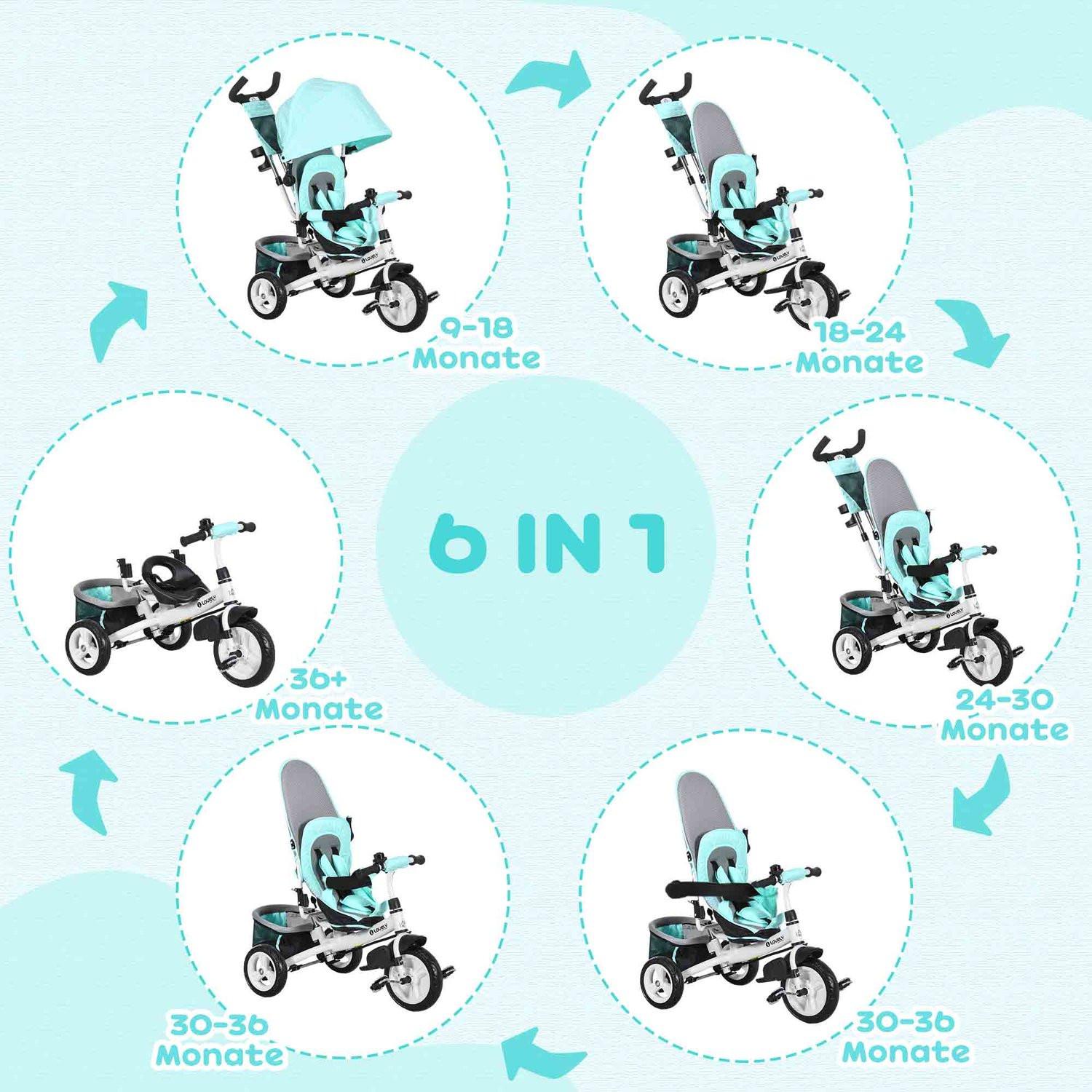 Northio  Triciclo 6 in 1 con barra di spinta, triciclo per bambini con tettuccio parasole rimovibile, cuscino, bici senza pedali con cintura di sicurezza a 5 punti, cestino, portabicchieri, per bambini da 1 a 5 anni, Verde Aosom 