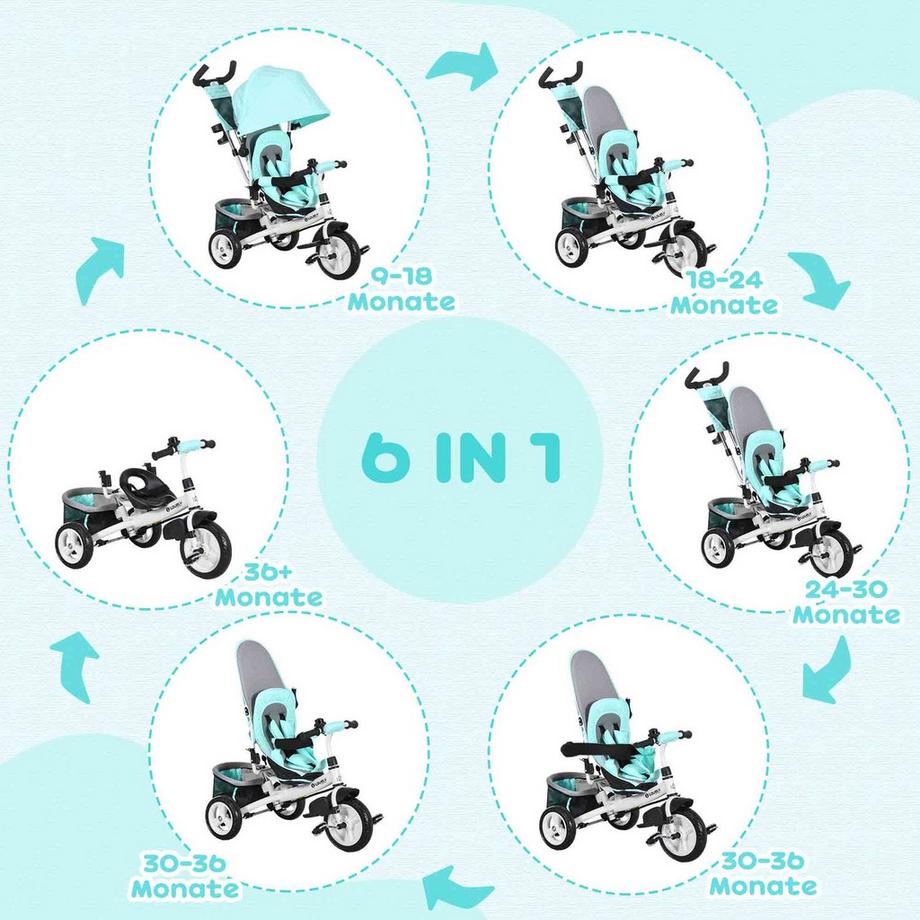 Northio  6-in-1 Dreirad mit Schubstange, Kinderdreirad mit abnehmbarem Sonnendach, Kissen, Laufrad mit 5-Punkt-Sicherheitsgurt, Korb, Becherhalter, für 1-5 Jahre Kinder, Grün Aosom 