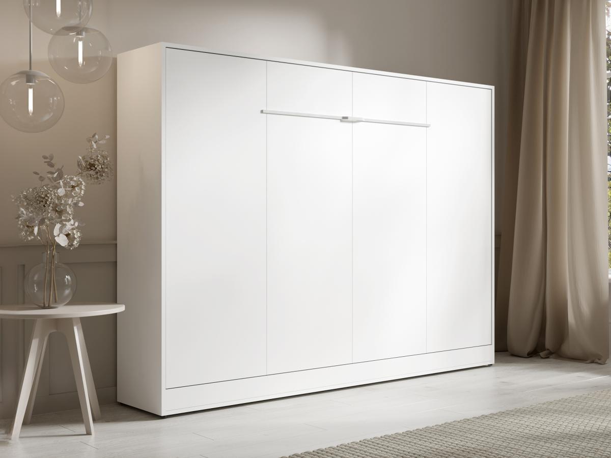 Vente-unique Schrankbett - 140 x 200 cm - Manuelle horizontale Öffnung - Mit LED-Beleuchtung - Weiß - RAPILI  