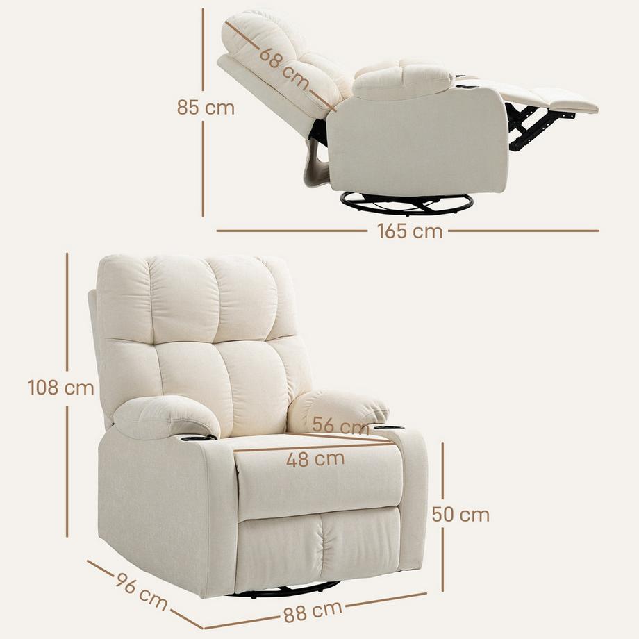 Northio Relaxsessel Fernsehsessel mit Liegefunktion, Schaukelfunktion, Drehbar TV-Sessel mit Fußstütze, Taschenfederkern und Becherhalter, für Wohnzimmer, Beige Aosom  