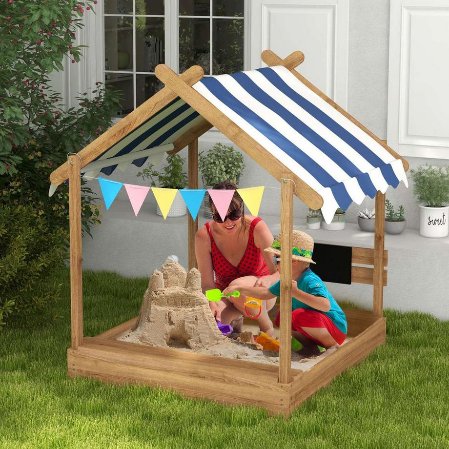Northio  Sandkasten mit Dach Holz Sandbox mit Sitzplatz und Tafel für 3-7 Jahre 124x116x146cm Garten Spielhaus Braun 