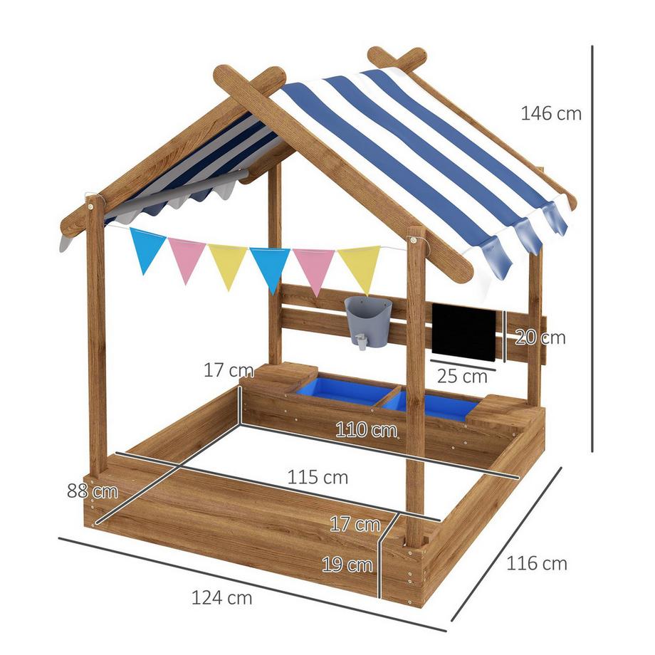 Northio  Sandkasten mit Dach Holz Sandbox mit Sitzplatz und Tafel für 3-7 Jahre 124x116x146cm Garten Spielhaus Braun 