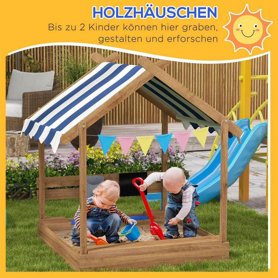 Northio  Sandkasten mit Dach Holz Sandbox mit Sitzplatz und Tafel für 3-7 Jahre 124x116x146cm Garten Spielhaus Braun 