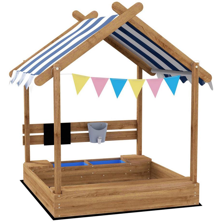 Sandkasten mit Dach Holz Sandbox mit Sitzplatz und Tafel für 3-7 Jahre 124x116x146cm Garten Spielhaus Braun