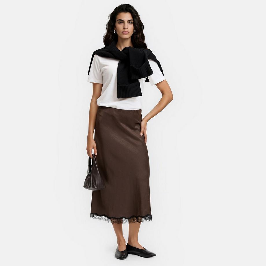 La Redoute Collections Jupe longue en satin et dentelle avec taille élastiquée  
