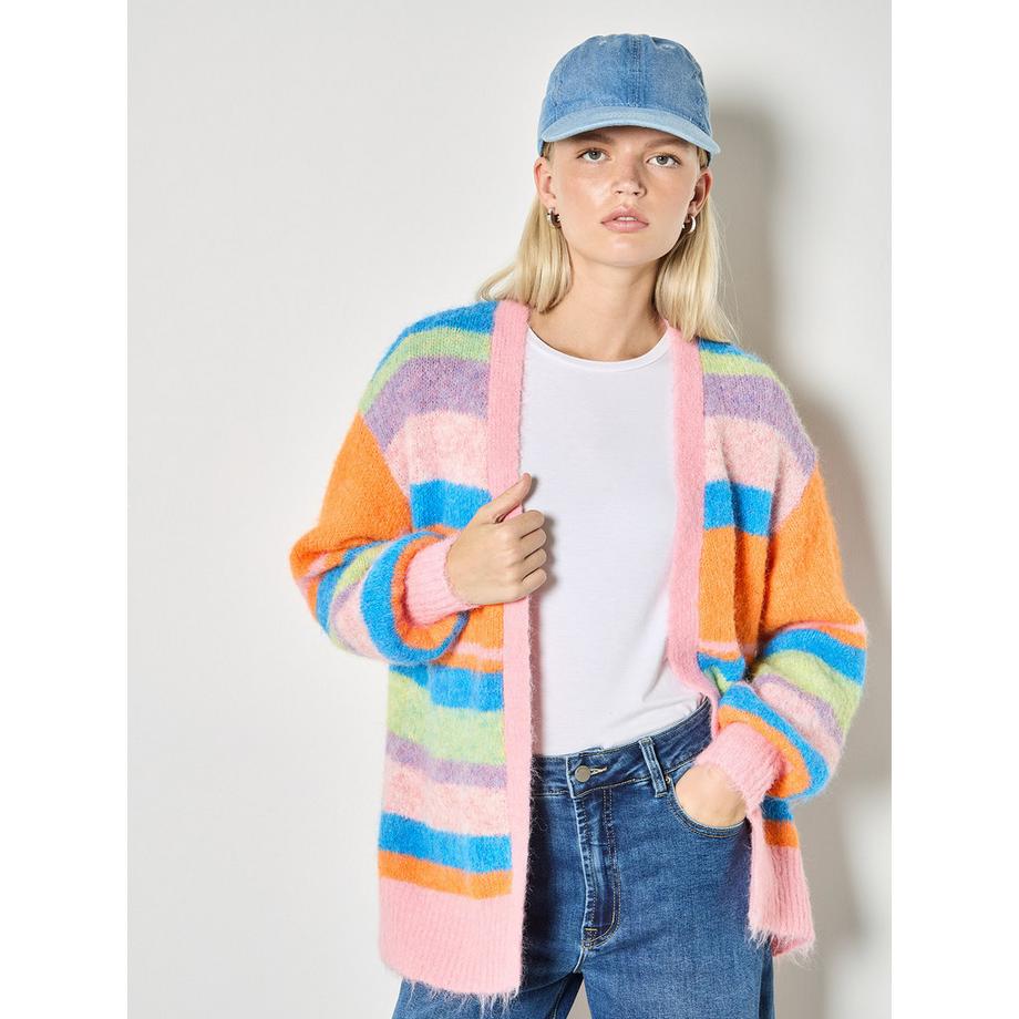 Cardigan en maille duveteuse à rayures colorées