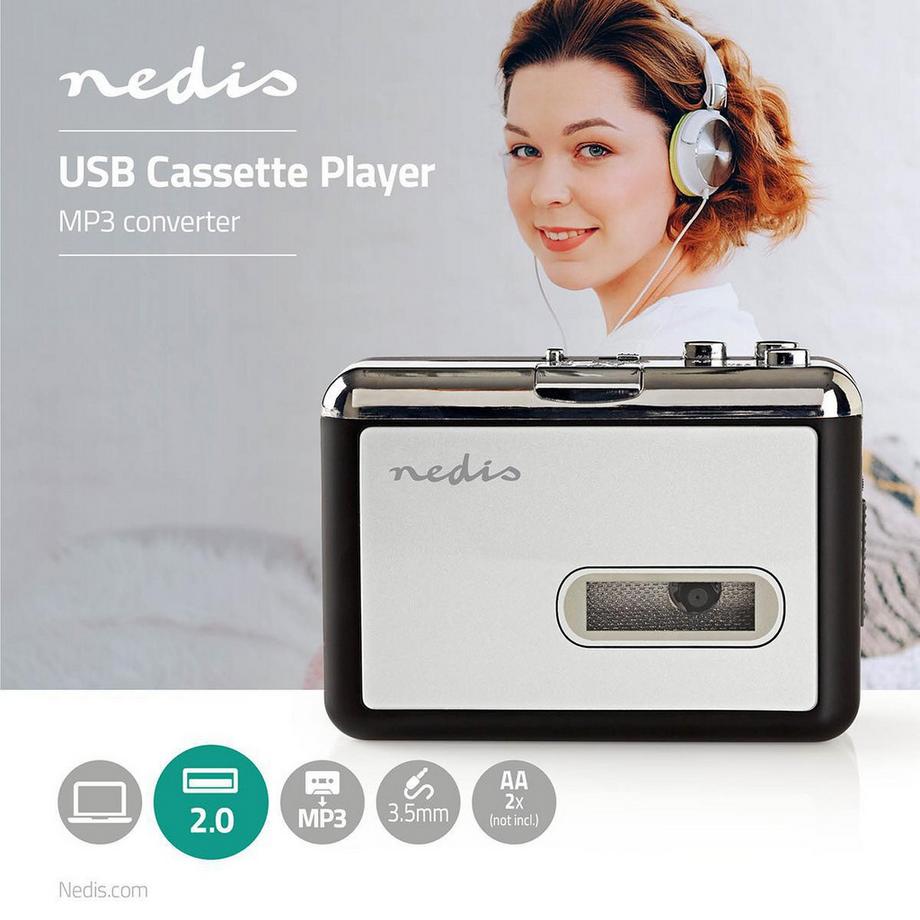 Nedis  Kassettenkonverter | Tragbar | Verbindungsausgabe: 1x 3,5 mm / 1x Mini USB | Zubehör: USB -Kabel | Batteriebetriebener / USB -Stromversorgung 