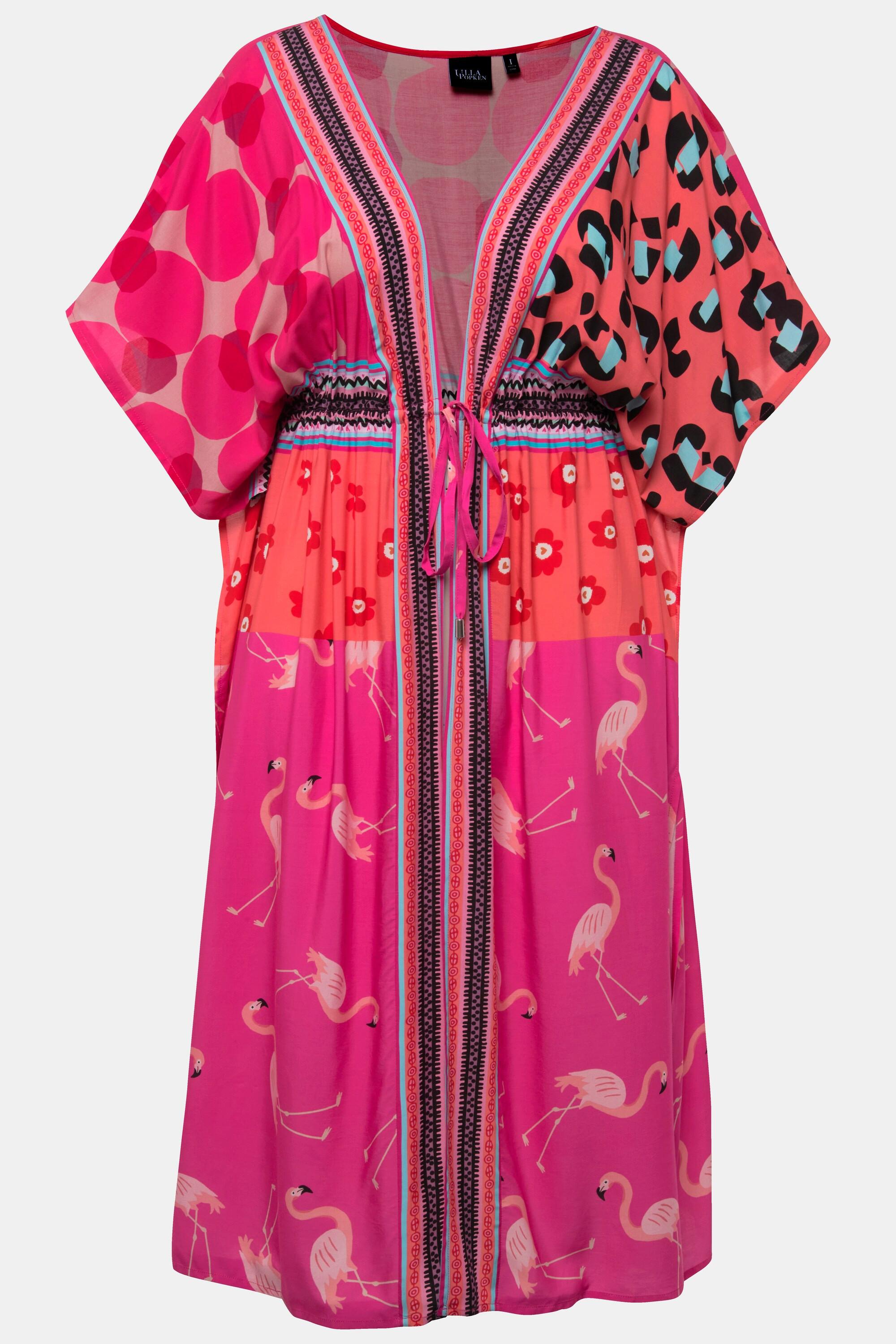 Ulla Popken  Kaftan, Flamingos, Bindeband, V-Ausschnitt, Halbarm 