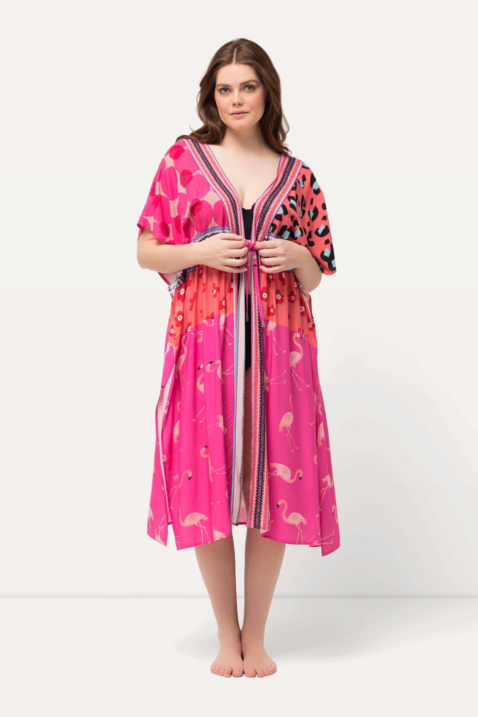 Ulla Popken  Kaftan, Flamingos, Bindeband, V-Ausschnitt, Halbarm 