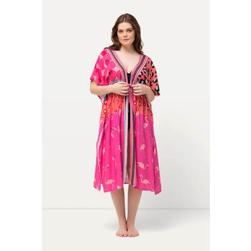 Kaftan, Flamingos, Bindeband, V-Ausschnitt, Halbarm