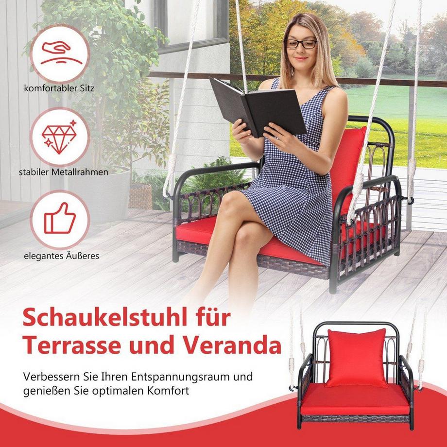 Hängesessel Terrassenschaukel bis 180kg belastbar Hängesitz mit Sitz- & Rückenkissen 80 x 65 x 58 cm