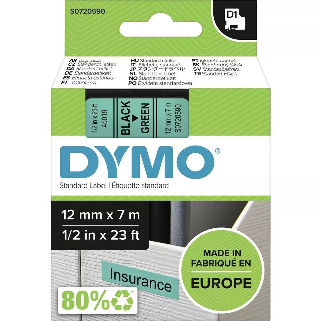 DYMO S0720590 D1 Tape 12mm x 7m Black on Green