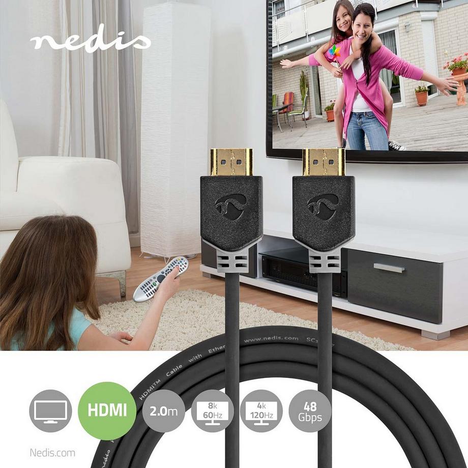 Nedis  Câble HDMI™ Ultra High Speed | HDMI™ Contact | HDMI™ Contact | 8K@60Hz | 48 Gbps | 2,00 m | Rond | 6,5 mm | Anthracite | Låda 